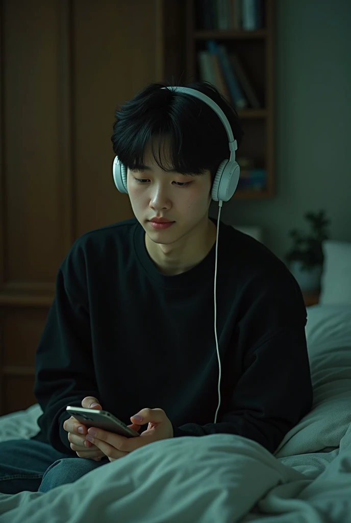 young adult, Fresh out of adolescence , Korean, pale,  black hair, he is very attractive.  A bit sleepy face and a mocked smile , Take a freckle .  wears a black sweatshirt and is sitting in bed with cell phone in hand and headphones,  like a student .  is...