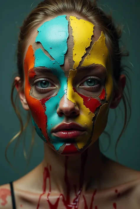 She is sad, and her mask is very colorful, like a plastic mask you might find at a Halloween store, and it is broken, covering most of her face, and it is jagged, making her face bleed, and make her skinnier. 