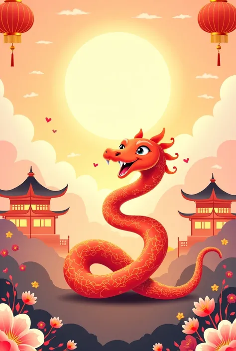  cute snake character, new year, sunrise , New Years card, china, china 분위기, new year 인사