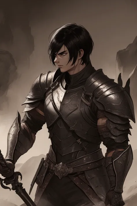 a muscular male warrior with short black hair, wearing a battle-worn leather armor, holding a sword, detailed facial features, dramatic lighting, cinematic composition, fantasy art, muted color palette, dramatic shadows, highly detailed