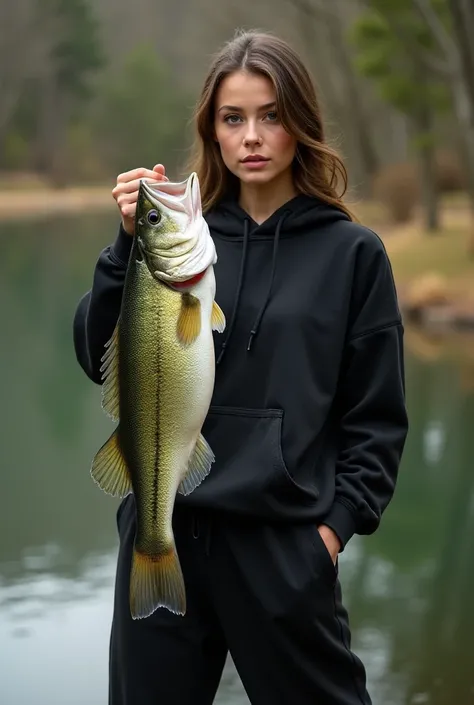 Beautiful woman holding a big fish wears a black sweatshirt with her full body trousers