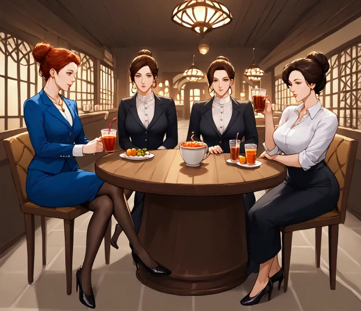 young woman sitting in a cafe with her girl friends and drinking tea out of a porcelain cup wearing office clothes. her hair is in a bun, everyone is having a good time