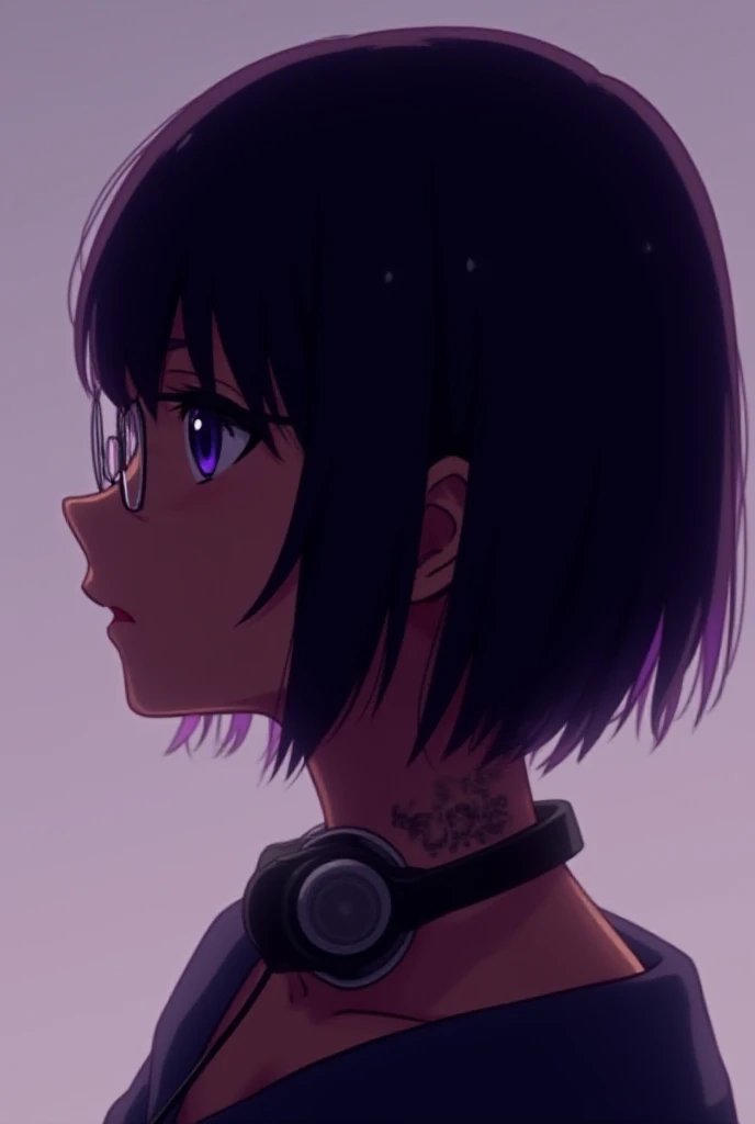 Adult girl,  dark skin ,  short hair,  Straight hair ,  Black and purple hair , purple eyes, with glasses, with headphones,  tattoo on the neck ,  brown skin,  in profile,  illuminated face , serious face, anime 3D