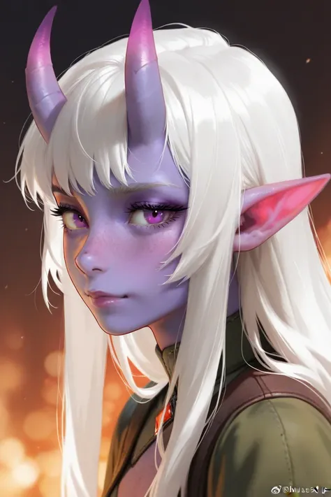 A Dungeons and Dragons female Tiefling with white hair, plum colored horns, bluish purple skin, and freckles.