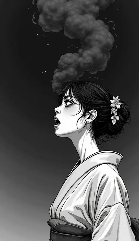 線画 illustrationシナリオを作成する: black smoke billows out of the mouth of a beautiful Japanese girl wearing a kimono and covers the night sky, The girl mutters resentment and 、 The girls expression hates everything in this world and has given up 、The swirls cover ...