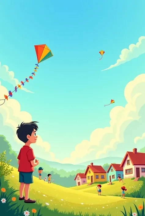 Introduction
(Soft, cheerful music plays. A small village is shown, with colorful houses and ren playing outside.)

Narrator: "In a cheerful little village, there lived a boy named Max. Max loved flying kites, and he dreamed of having the most magical kite...