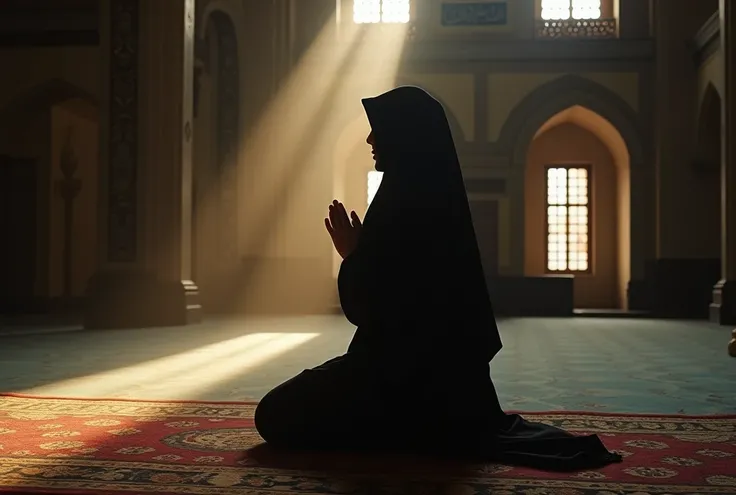 “A Muslim person in a mosque, kneeling in prayer, with traditional Islamic attire (a prayer robe or hijab for women, thobe for men). The person’s face is obscured by soft lighting or shadow. The mosque has intricate architecture, with arches, Arabic callig...