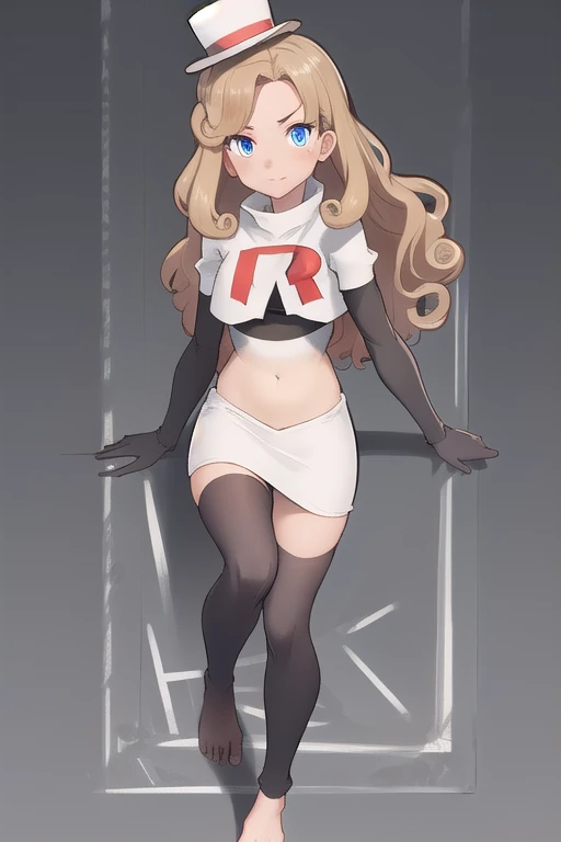 best quality, (masterpiece),(ultra-detailed), (high quality), (high resolution),  1girl, blue eyes, blush stickers, brown hair, curly hair, katrielle layton, long hair, makeup, simple background, solo, toes, top hat, team rocket,team rocket uniform,white s...