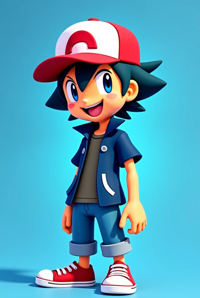 "Create an image of the character Ash Ketchum in Pixar style. He should have his recognizable features, such as his cap and jacket, but represented in a stylized manner. The background should be the same blue color (#0000FF)