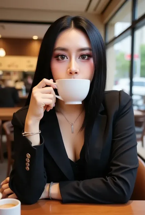 A 24-year-old Korean woman in a business suit looks elegant and shows off her small breasts while sitting in a cafe in the heart of Busan, sipping coffee. The daylight shines on her, making her skin look radiant and elegant. She is a confident and charming...