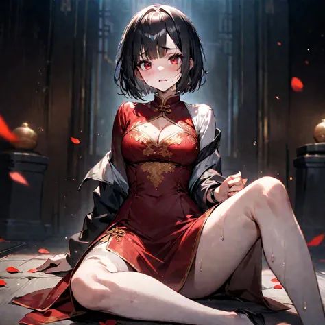 (SUPER DETAILED ILLUSTRATION OF A Zombi Girl , Alone),  black hair,  bob cut,  red eyes, (Troubled eyebrows, presenting, Vulgar), sweat, (Dead skin), Aodai Kanke holding a banknote,  Red and Black Chinese Dress with Gold Embroidery,  Off Shoulder ,  Cleava...