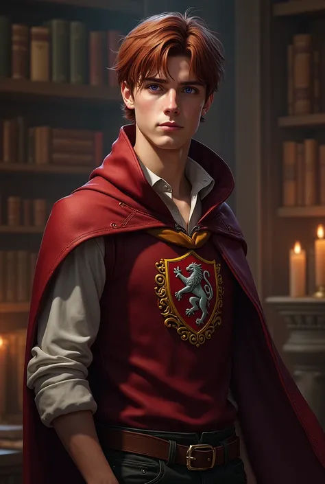 
1 male, portrait, teen, athletic build, gryffindor clothes, dark auburn hair, violet eyes, fair skin, library background