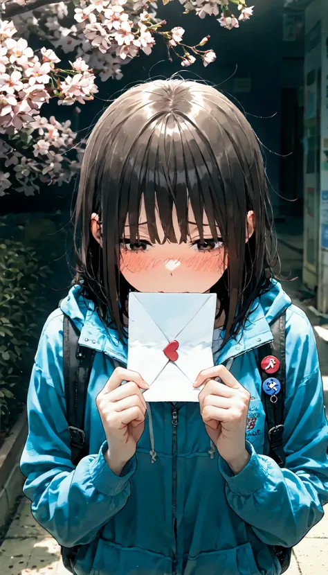 masterpiece , best quality, very aesthetic , 1 girl,alone, stupid ,disheveled,freshly lifted ,shy,student,Pin on the backpack,dark,Tokyo in Japan , cherry trees,Love letter in your hands