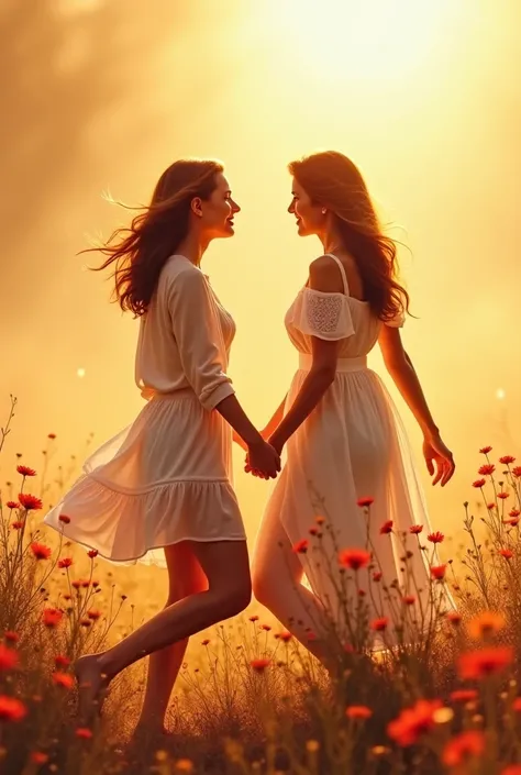 One woman, happy, walking among flowers or under the sun, full of heartwarming joy, while the other one is calm and supportive, perhaps healing wounds or embracing, in a quiet, shaded space. Two women sharing deep connections—ideal contrasts. The scene is ...