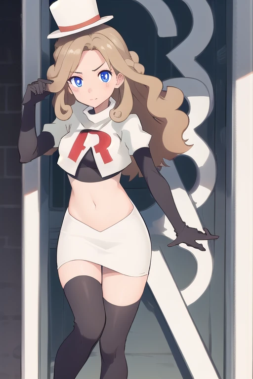 best quality, (masterpiece),(ultra-detailed), (high quality), (high resolution),  1girl, blue eyes, blush stickers, brown hair, curly hair, katrielle layton, long hair, makeup, simple background, solo, toes, top hat, team rocket,team rocket uniform,white s...