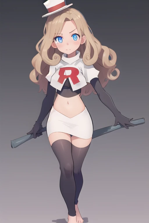 best quality, (masterpiece),(ultra-detailed), (high quality), (high resolution),  1girl, blue eyes, blush stickers, brown hair, curly hair, katrielle layton, long hair, makeup, simple background, solo, toes, top hat, team rocket,team rocket uniform,white s...