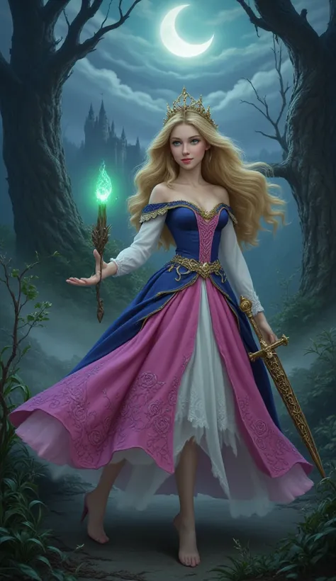 "Create a photorealistic, full-body portrait of Sleeping Beauty (Aurora) from Disney, reimagined as a real human being in a dark fantasy style while preserving her iconic features as a Disney princess. She should have her delicate, fair complexion, golden,...