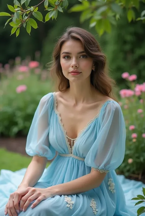 A beautiful woman posed for a photo of herself in a fashionable dress in light blue with a body posture filled with a relaxed sitting in the garden 