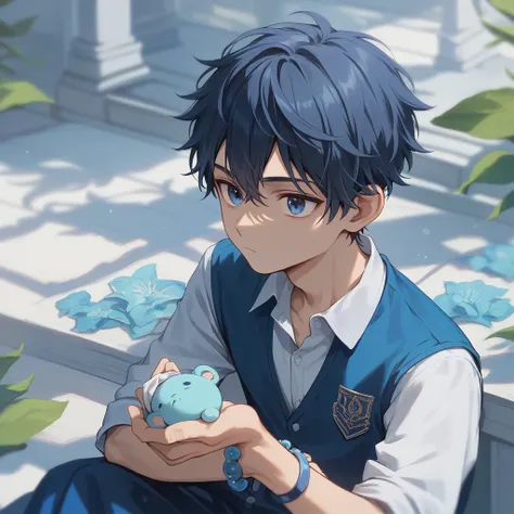 score_9,score_8_up,score_7_up,source_anime,1BOY BREAK Nagi-kun,university student, dark hair belly short,dark blue eyes,baby face,( melancholy expression:0.8),Petite, slender,blue moonstone bracelet, dress shirt,((Alone))