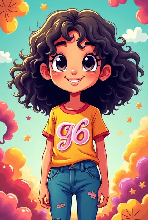 Create a colorful cartoon image of a short girl with a round face, long dark curly hair, with t-shirt written on the front  "g6" and jeans 


