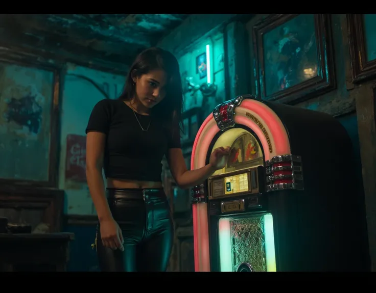 In a dimly lit, worn pub, a 19-year-old girl stands next to a vintage, multi-colored jukebox, her fingers poised to select a song. She wears a tight black T-shirt that clings to her body, paired with sleek leather pants that shimmer subtly under the dramat...