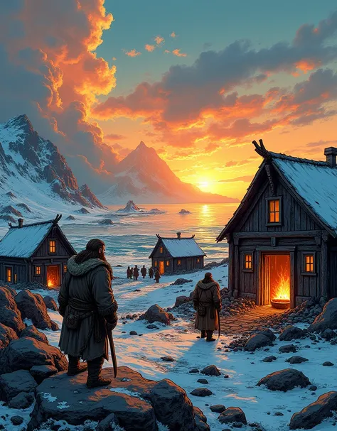  Comic-style image. Viking wooden and stone settlements,  in Greenland,  at sunset . cloudy 
