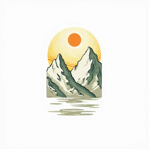 A stylized illustration of mountains against a swirling, sun-filled sky.  Two prominent, textured mountains,  with variations in shades of green depicting their slopes, and large patches of off-white  represent snow on their peaks.  The mountains take up t...