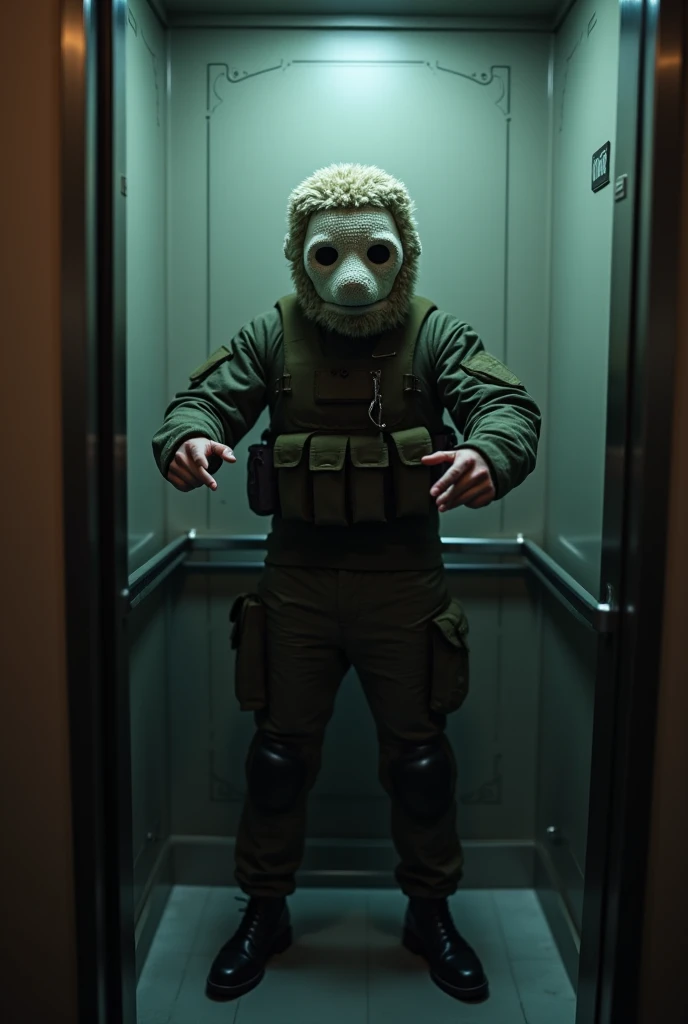  RAW photo,  that belongs to a person in a tactical suit and is posing with their hands in an elevator,  in a threatening way . The person is wearing a plush mask 