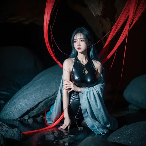 Ultra high quality, masterpiece, 8k,  Korean girl, Inside the cave, sealed,  kneels ,  a rock with a grotesque pattern, Obscure , Black clothes,  matted light blue hair, bind,  huge boobs , restrained,  stare in front, Obscure  표시, The boundary, amulet, 종이...