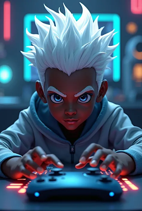 I created a character of a black boy with white hair and a black gamer 