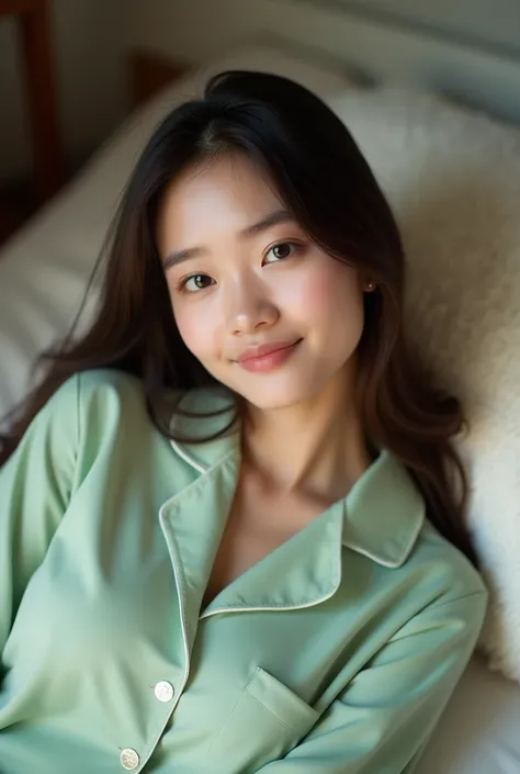 Camera angle shot of beautiful Indonesian woman twenty years old wearing light green pajamas lying sideways on top of bedroom with big pillow while smiling sweetly bedroom background realistic close-up picture full hd high quality 5D 65k clear symmetrical ...