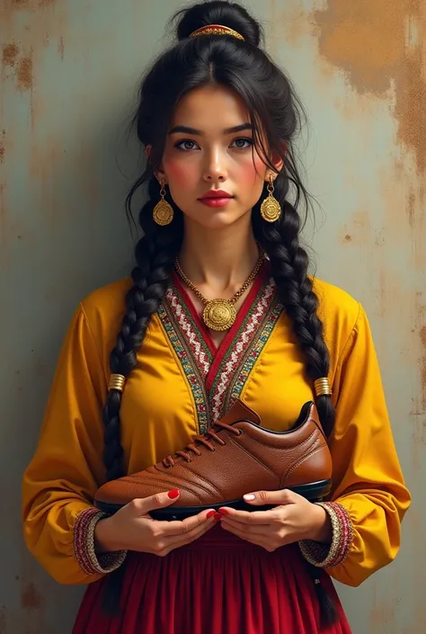  Bolivian female person from Latin America wearing cochala clothing that characterizes women by their braids in the hair of Cochabamba Bolivia .  I need this female Bolivian person to have braids of common Bolivian cholita tea a little brown leather holdin...