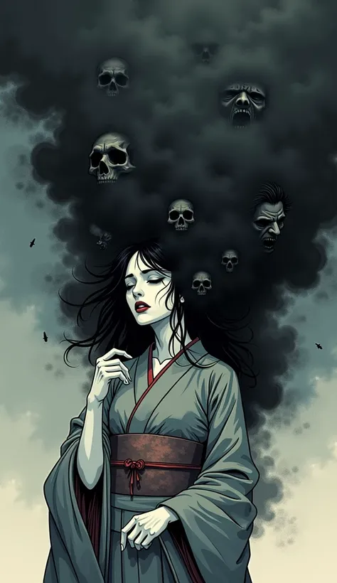 線画 illustrationシナリオを作成する: black smoke billows out of the hair of a beautiful Japanese girl wearing a kimono and covers the night sky, The girl is scratching her face while muttering resentment 、 The girls expression hates everything in this world and has g...