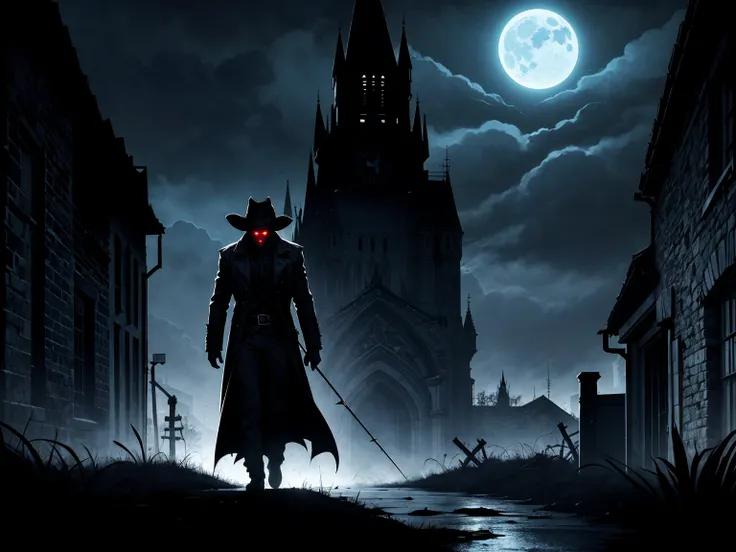 A dark and moody cityscape shrouded in eternal twilight, with towering gothic buildings casting jagged shadows across narrow cobblestone streets. The sky is filled with swirling storm clouds, illuminated by a pale, ominous moon. Silhouettes of bats scatter...