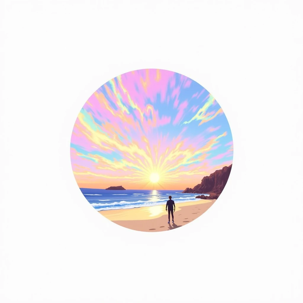 A beach scene at sunset, with a vibrant, iridescent, and swirling sky.  The sky is filled with  rainbow-like, multicolored, oily streaks and marbled patterns of pastel colors, predominantly pinks, oranges, yellows, blues, and greens. The sun is setting, ca...