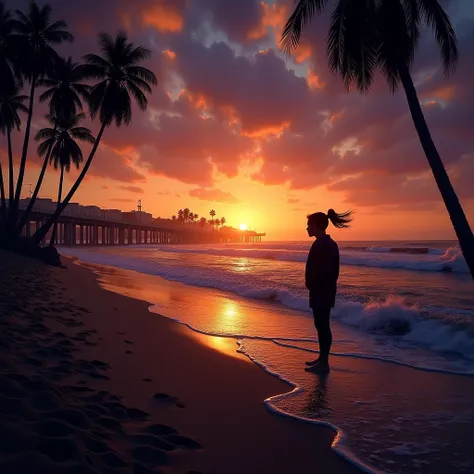 A breathtaking California coastline at twilight, with the golden sun dipping below the horizon, casting fiery streaks across the sky. Palm trees gently sway in the breeze, silhouetted against the vibrant orange and purple sky. The ocean, serene yet powerfu...