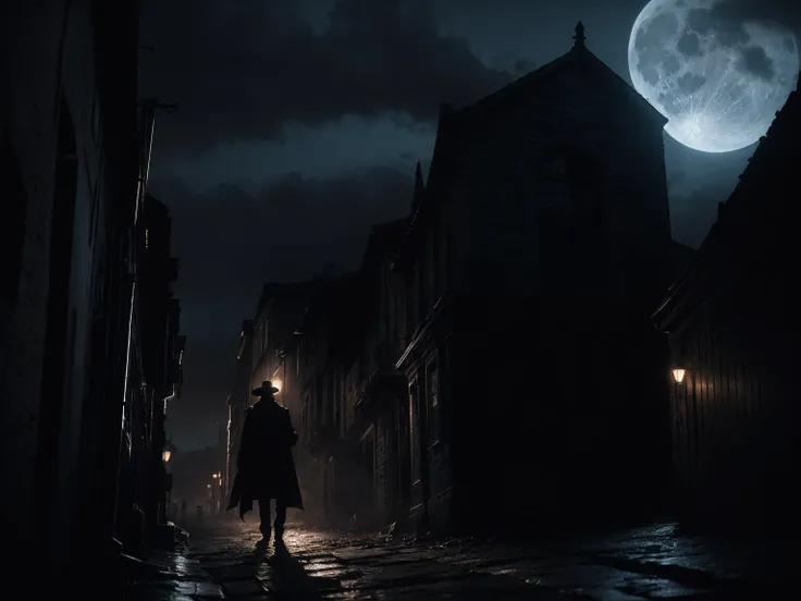 A dark and moody cityscape shrouded in eternal twilight, with towering gothic buildings casting jagged shadows across narrow cobblestone streets. The sky is filled with swirling storm clouds, illuminated by a pale, ominous moon. Silhouettes of bats scatter...