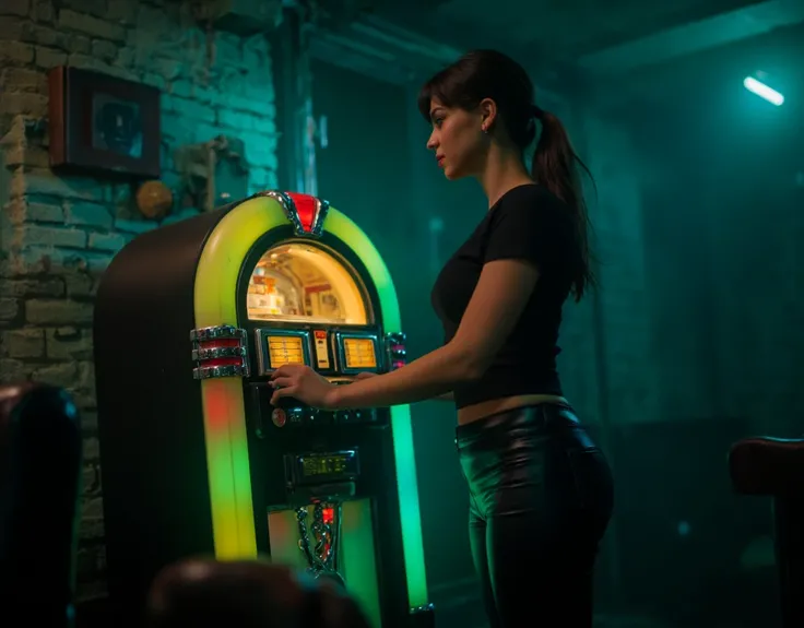 In a dimly lit traditional pub, a 19-year-old girl stands next to a vintage, multi-colored jukebox, her fingers poised to select a song. She wears a tight black T-shirt that clings to her body, paired with sleek leather pants that shimmer subtly under the ...