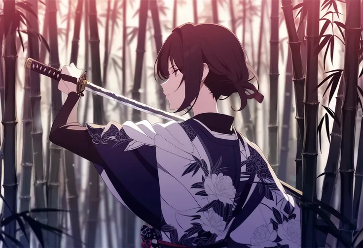 Female samurai holding a sword in a bamboo grove where you can see a beautiful moonlit night, A Dignified Woman with Dark Hair ,A Woman Who Looks Like a Flower Master , anime art with pretty details