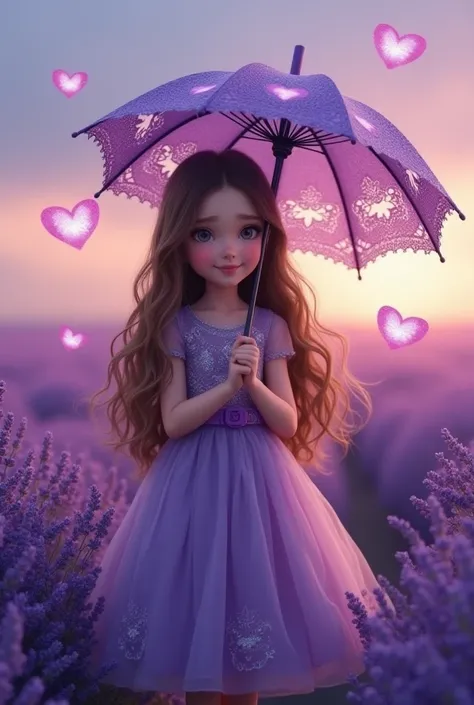 A girl with long, flowing brown hair holds a violet parasol with butterfly-shaped lace cutouts. She wears a lavender dress with silver embroidery, standing in a lavender field stretching to the horizon. The soft glow of twilight enhances the dreamy atmosph...