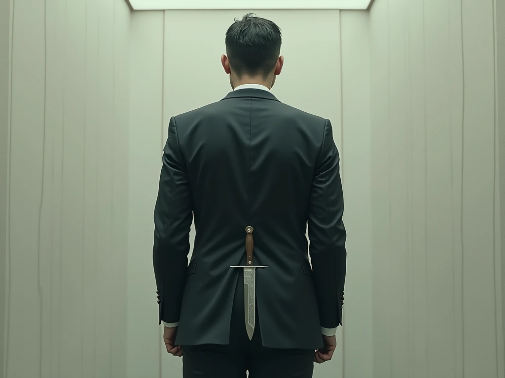 CREATE AN IMAGE OF A BACKWARDS PERSON DRESSED AS AN EXECUTIVE HOLDING A KNIFE BEHIND HIS BACK