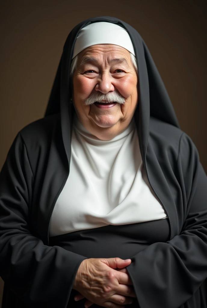  Image of an elderly nun who has a mustache and white hair with her large breasts out of the nuns clothing. The fat and smiling old woman ,  roup of a nun with breasts shows  