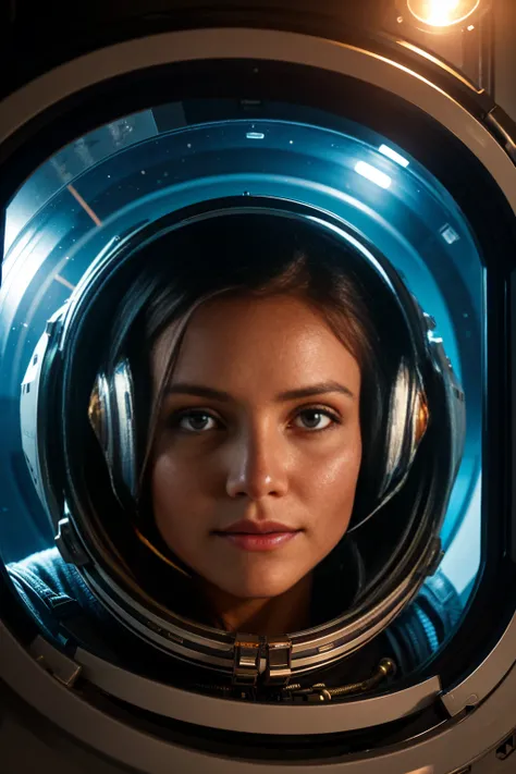 Future astronauts in space capsule, capacete de vidro，Beautiful face，control Panel, High-tech interior, Metal and glass materials, Atmospheric lighting, Dramatic composition, Intricate details, Reality, Concept art style, 1girl, Cameron Diaz