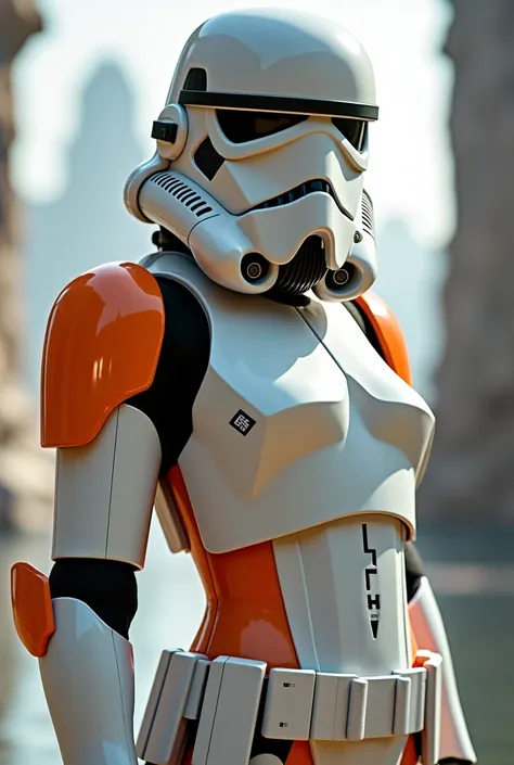 Sexy female stormtrooper (Star Wars), armored leotard, wearing helmet, orange armor, no panties