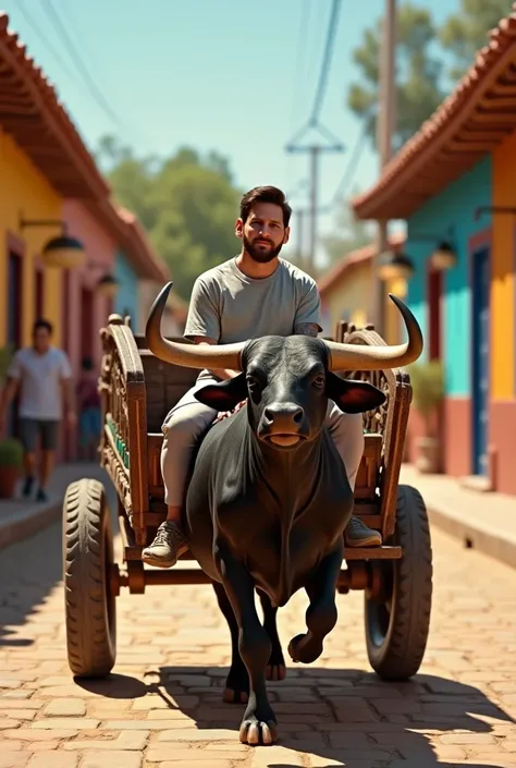 Messi is driving a bull cart