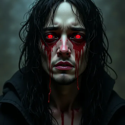 Long-haired man with red eyes crying blood 