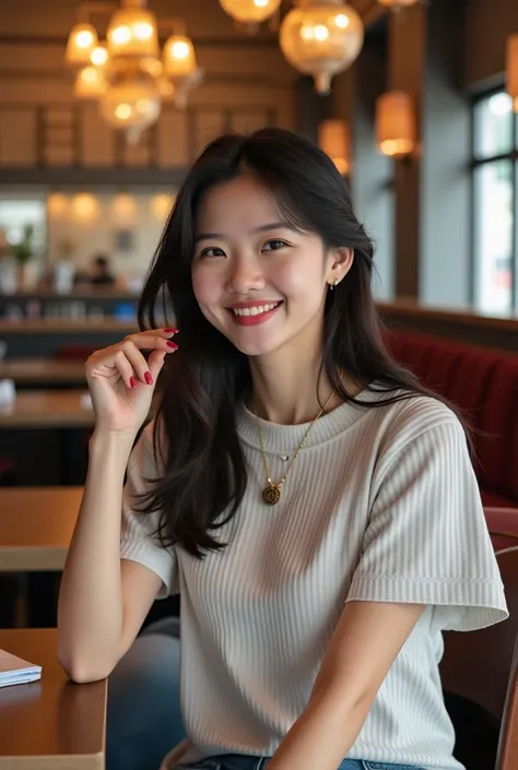  Make 7 beautiful women of Korean race slim smile 18 years old hair different colors wear different casual clothes to match pants sitting in a fancy cafe and enjoying food and snacks. there is an inscription  (caffe GENERATE AI GA official ) on the back wa...