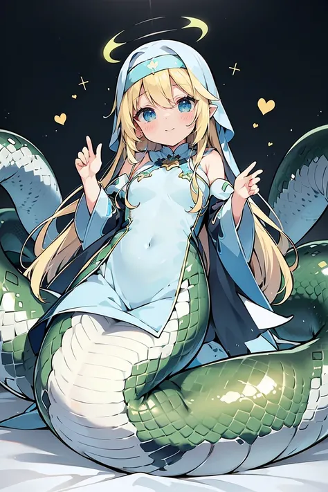 masterpiece, best quality,a girl,Lamia,greensnake tail,Long blonde hair,blue eyes,nun,full-body shot,charming face, Oval face(kawaii, charming,soft), nun cap, nun gown, blue dress, detached cuffs