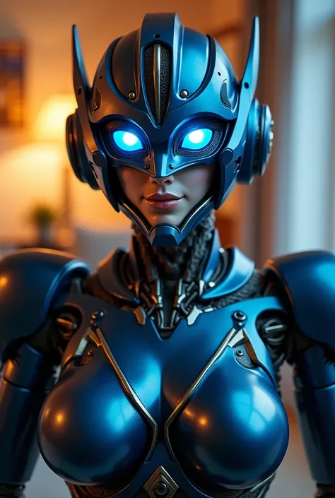  Arcee the autobot robot from transformers in the family room. Looking at and standing up super close to the camera like a selfie 
Arcee metallic robot face
Dark metallic blue  muscular autobot body
Small cute smile
Massive even robot  breasts
Beautiful gl...