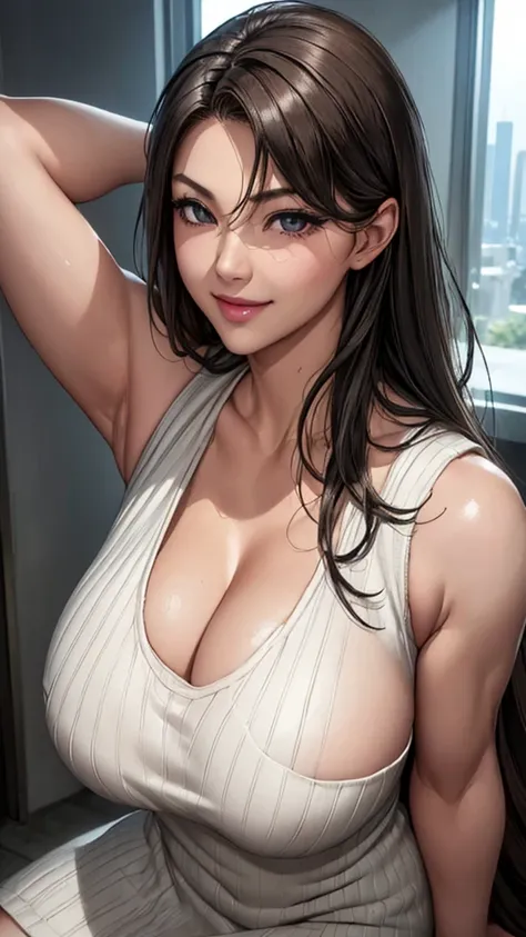 (8k, 超High resolution, highest quality, Flying debris:1.2),(26 years old:1.2)、(Big smile)、(avert your eyes)、8k、RAW portrait of a Japanese girl、超High resolution、highest quality、 (breasts:1.5),(Sleeveless knit dress:1.5)、(From below:1.2)、walk、(arm up behind ...